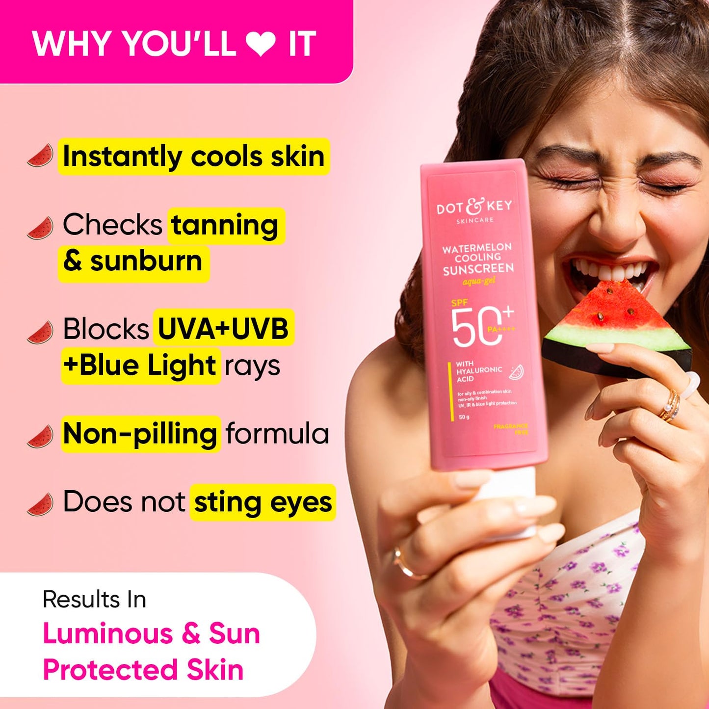 Dot & Key Watermelon Hyaluronic Cooling Sunscreen SPF 50 PA+++| for Oily, Normal & Combination Skin | UV + Blue Light Protection | Lightweight | No White Cast | Boosts Vitamin D Absorption | 50g sunscreen from DOT & KEY