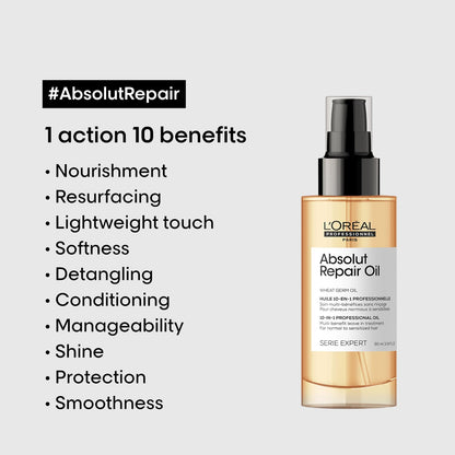 L'OREAL PROFESSIONNEL PARIS Absolut Repair Hair Oil For Dry & Damaged Hair, 90ml 10-In-1 Multi-Benefit Leave-In Hair Oil With Wheat Germ Oil hair serum from loreal pro paris