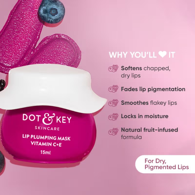 Dot & Key Lip Plumping Mask With Vitamin C + E For Naturally Glowing Lips, Fades Lip Pigmentation, Smoothes Flaky & Dry Lips, Lip Mask For Soft, Smooth & Plump Lips 15ml lip mask from dot & key